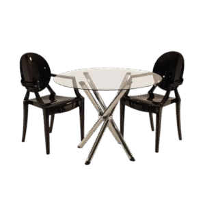 Mesa atendimento base fogueira, tampo MDF preto, conjunto 02 cadeiras Ghost pretas para locação