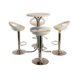 Mesa bistrô base X cromada tampo madeira branca conjunto banquetas sorriso para locação