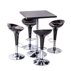 Mesa bistrô tampo quadrado preto conjunto banquetas bombo para locação